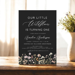 Black Wildflower Boho First 1st Birthday  Invitation