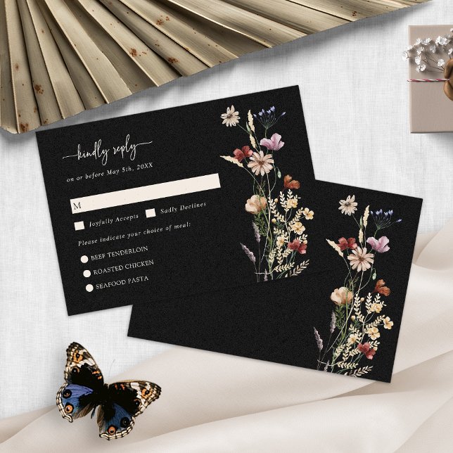 Black Wildflower Boho RSVP Card (Black Watercolor Wildflower Boho RSVP Card by Painted Paperie
)