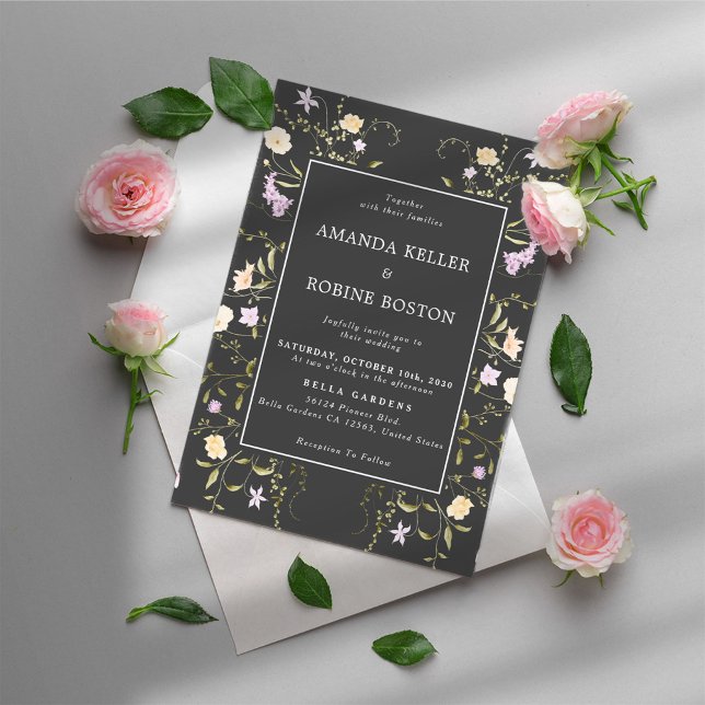 Black Wildflower Elegant Wedding Invitation  (Creator Uploaded)