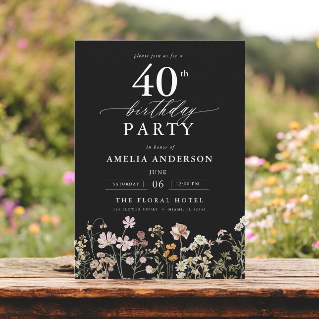 Black Wildflower Floral Calligraphy 40th Birthday Invitation (Creator Uploaded)