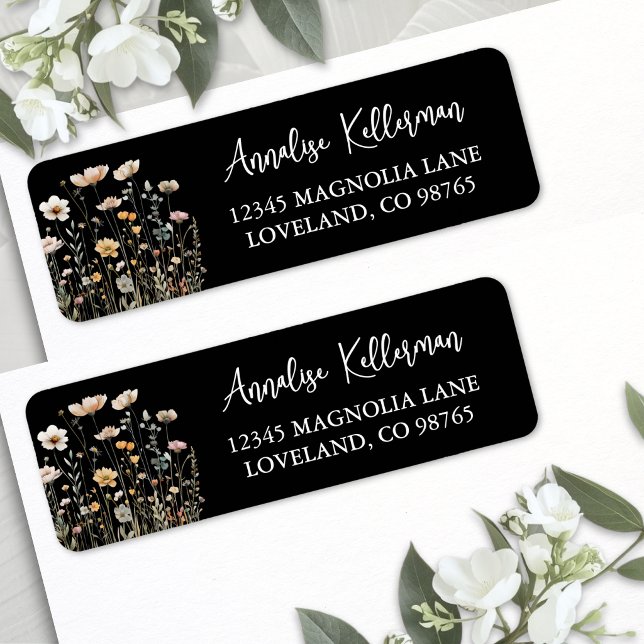 Black Wildflower Floral Return Address (Black Wildflower Floral Return Address Label )