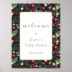 Black Wildflower Frame Baby Shower Welcome  Poster