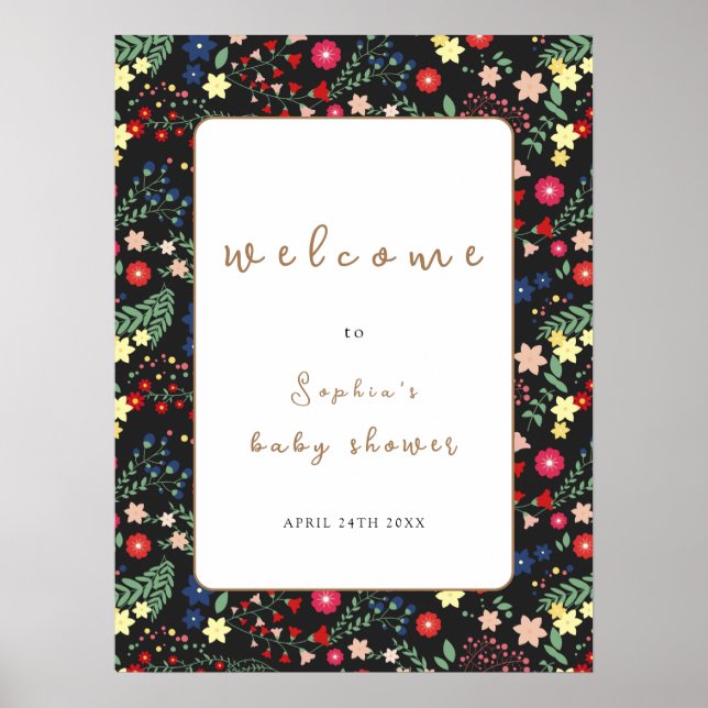 Black Wildflower Frame Baby Shower Welcome  Poster (Front)