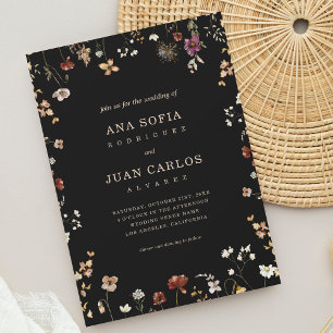 Black Wildflower Garden Fall QR Code RSVP Wedding Invitation