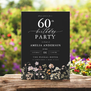 Black Wildflower Garden Floral 60th Birthday Invitation