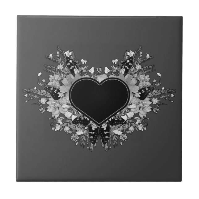 Black Wildflower Heart Tile (Front)