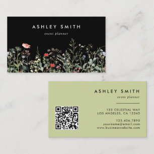Black Wildflower Meadow QR Code Business Card