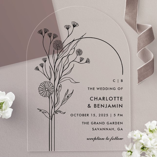 Black Wildflower Modern Minimalist Arch Wedding Acrylic Invitations (Creator Uploaded)