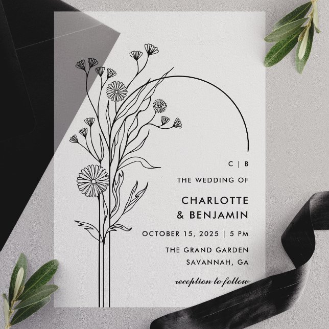 Black Wildflower Modern Minimalist Arch Wedding Vellum Invitations (Creator Uploaded)
