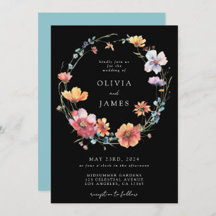 Black Wildflower QR Code Wedding Invitation