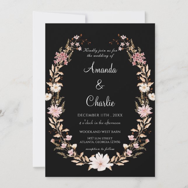 Black Wildflower Wedding Floral  Invitation (Front)