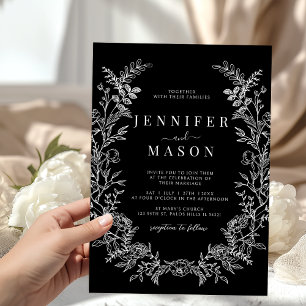 Black wildflower wreath rustic floral wedding invitation
