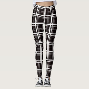 Black Windowpane Plaid Grid Stripes Pattern Design Leggings