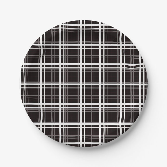 Black Windowpane Plaid Grid Stripes Pattern Design Paper Plate (Front)