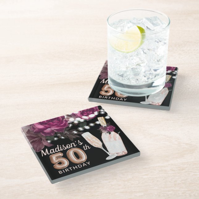 Black Wine Personalised Luxury 50th Birthday Glass Coaster (Angled)