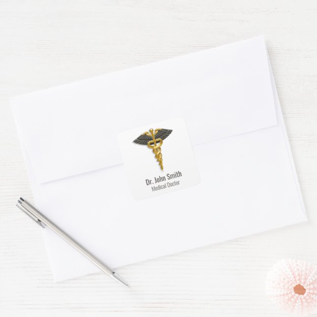 Black Wings Classy Medical Elegant Gold Caduceus Square Sticker (Envelope)