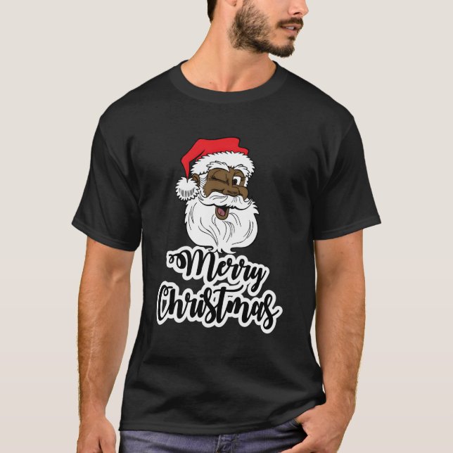 Black Winking Santa Merry African American Santa T-Shirt (Front)