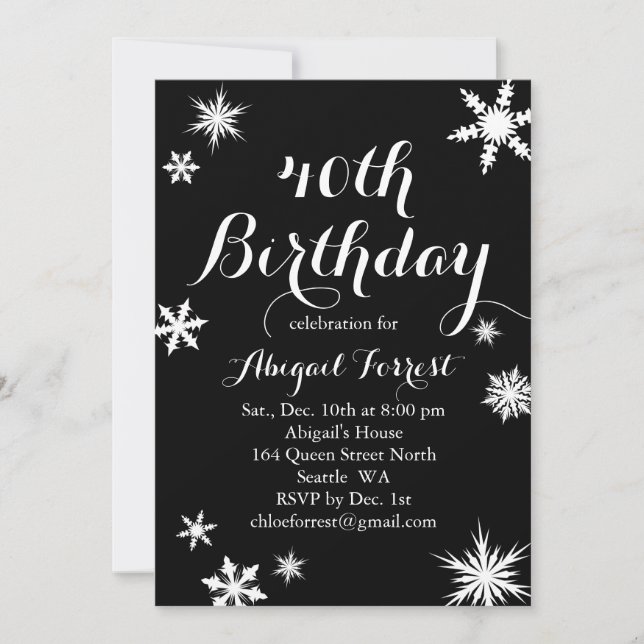 Black Winter 40th Birthday Invitation (Front)