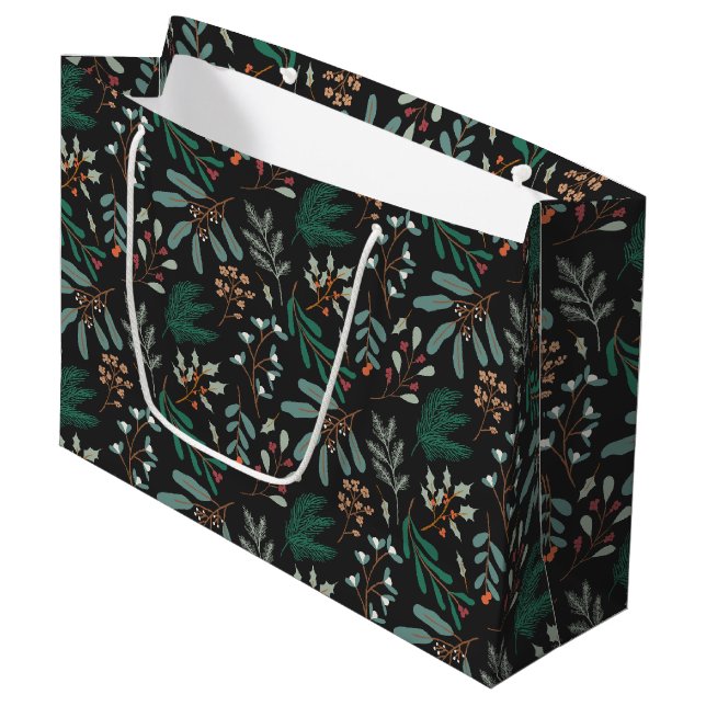 Black Winter Botanical  Pattern Large Gift Bag (Front Angled)