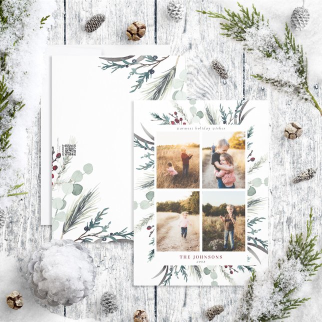 Black Winter Botanicals 4 Photo Holiday Card (Creator Uploaded)