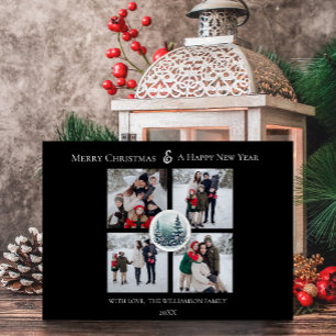 Black Winter Forest Floral Photo Collage Holiday Card