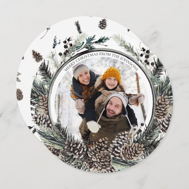 Black Winter Pine Cone Wreath Round Photo Holiday  (Front/Back)