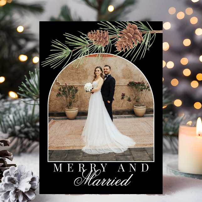 Black Winter Pine Merry & Married Photo Christmas Holiday Card (Creator Uploaded)