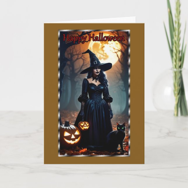 Black Witch, Black Cat Halloween Card (Front)