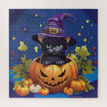 Black Witch Cat in Pumpkin Square Puzzle 676 piece