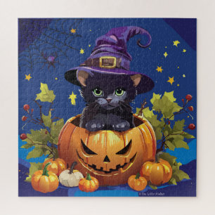 Black Witch Cat in Pumpkin Square Puzzle 676 piece