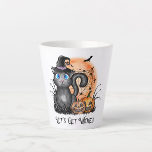 Black Witch Cat with Spider Web & Jack-O'-Lanterns Latte Mug