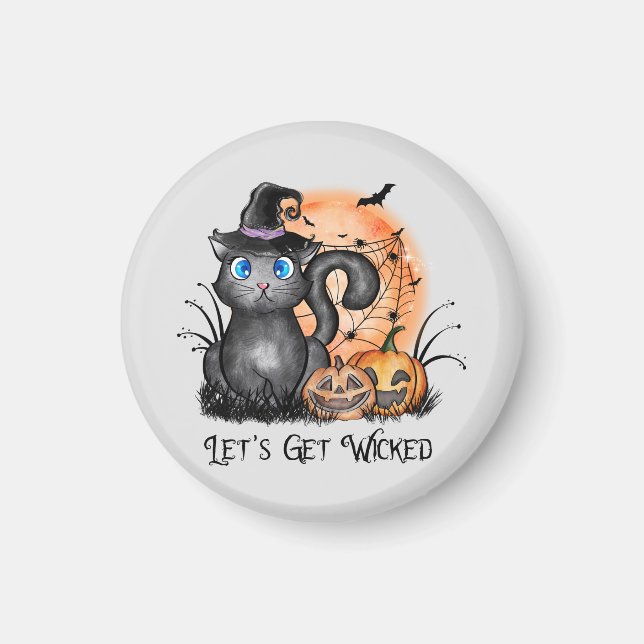 Black Witch Cat with Spider Web & Jack-O'-Lanterns Magnet (Front)