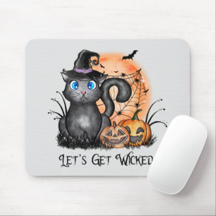 Black Witch Cat with Spider Web & Jack-O'-Lanterns Mouse Pad