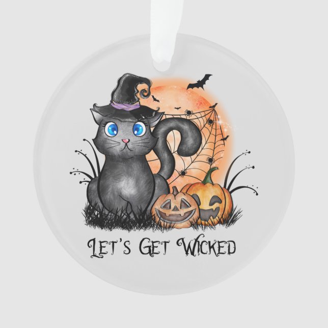 Black Witch Cat with Spider Web & Jack-O'-Lanterns Ornament (Front)