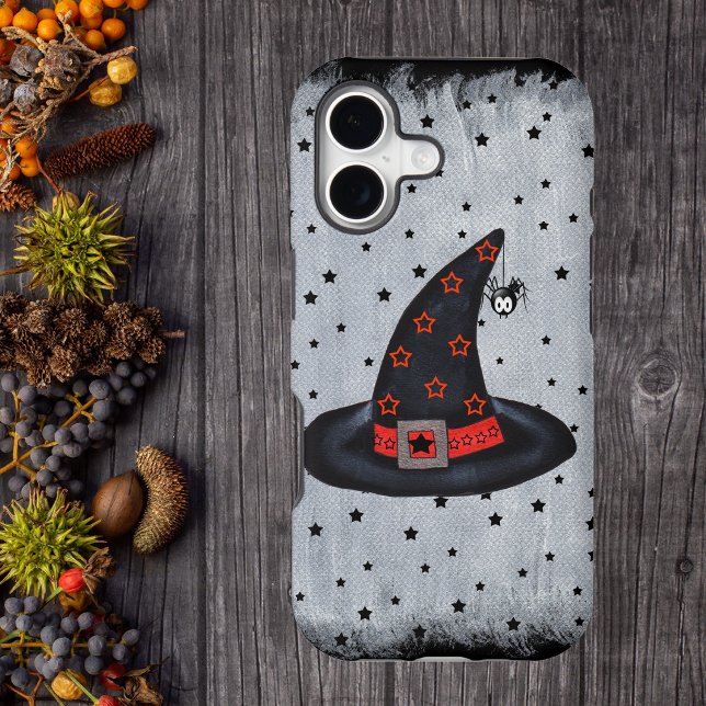 Black Witch Hat Stars Cute Spider Halloween (Black witch hat silver buckle orange stars cute black spider on white with black stars phone case.)