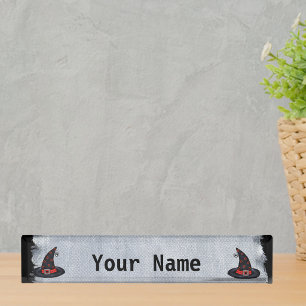 Black Witch Hat Stars Cute Spider Halloween Nameplate
