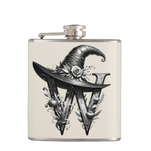 Black Witch Hat Witchy Letter W Custom Initial Hip Flask