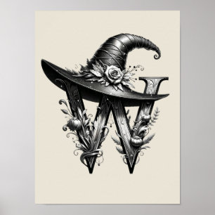 Black Witch Hat Witchy Letter W Custom Initial  Poster