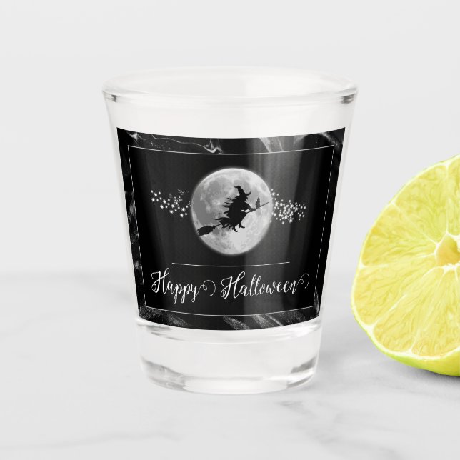 Black Witch Silhouette Halloween Shot Glass (Front)