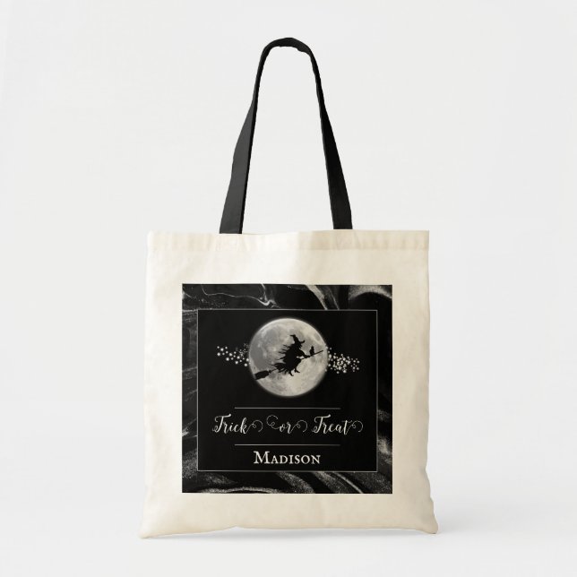 Black Witch Silhouette Halloween Trick or Treat Tote Bag (Front)
