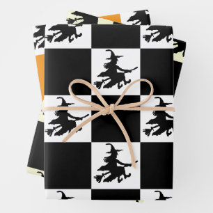 Black Witches on White, Yellow & Orange Chequered Wrapping Paper Sheet