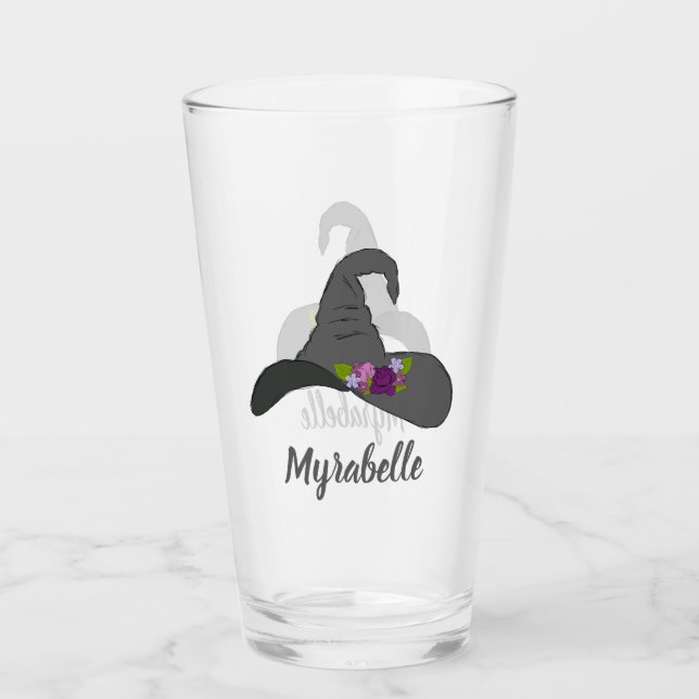 Black Witch's Hat with Flowers Personalised Glass (Front)