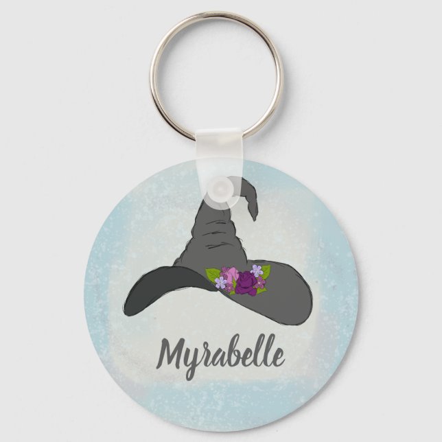 Black Witch's Hat with Flowers Personalised Key Ring (Front)