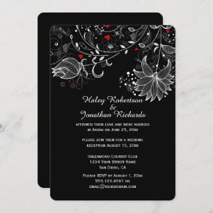 Black with Abstract White Flowers Red Hearts Invitation