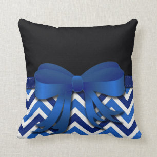 Black with Blue and White Chevron and Blue Bow Cushion