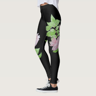 black with bold large pink flower pattern floral leggings