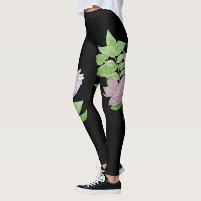 black with bold large pink flower pattern floral leggings (Left)