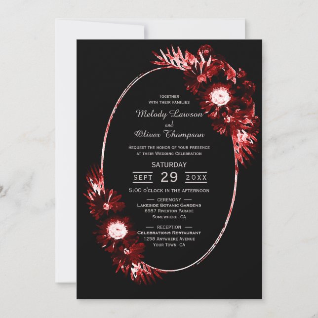 Black with Burgundy Red Floral Wedding Invitation (Front)