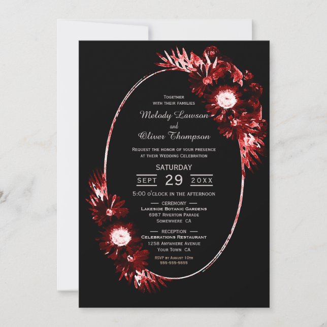 Black with Burgundy Red Floral Wedding Invitation (Front)