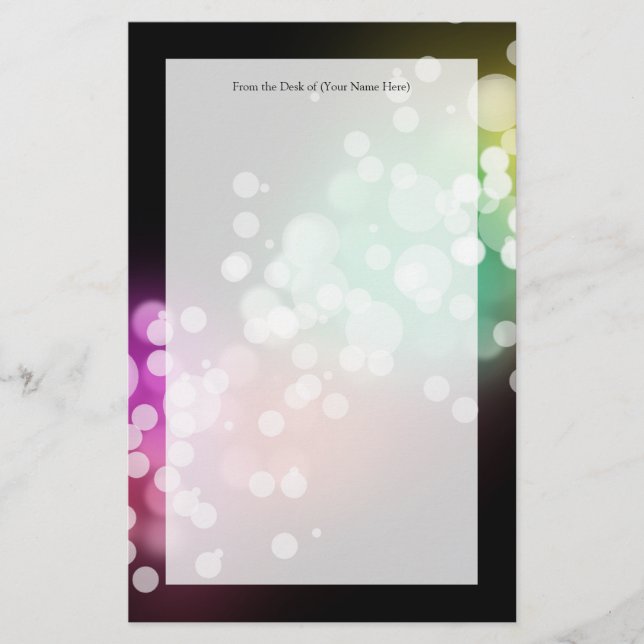 Black with Colourful Bokeh Lights Design Stationery (Front)